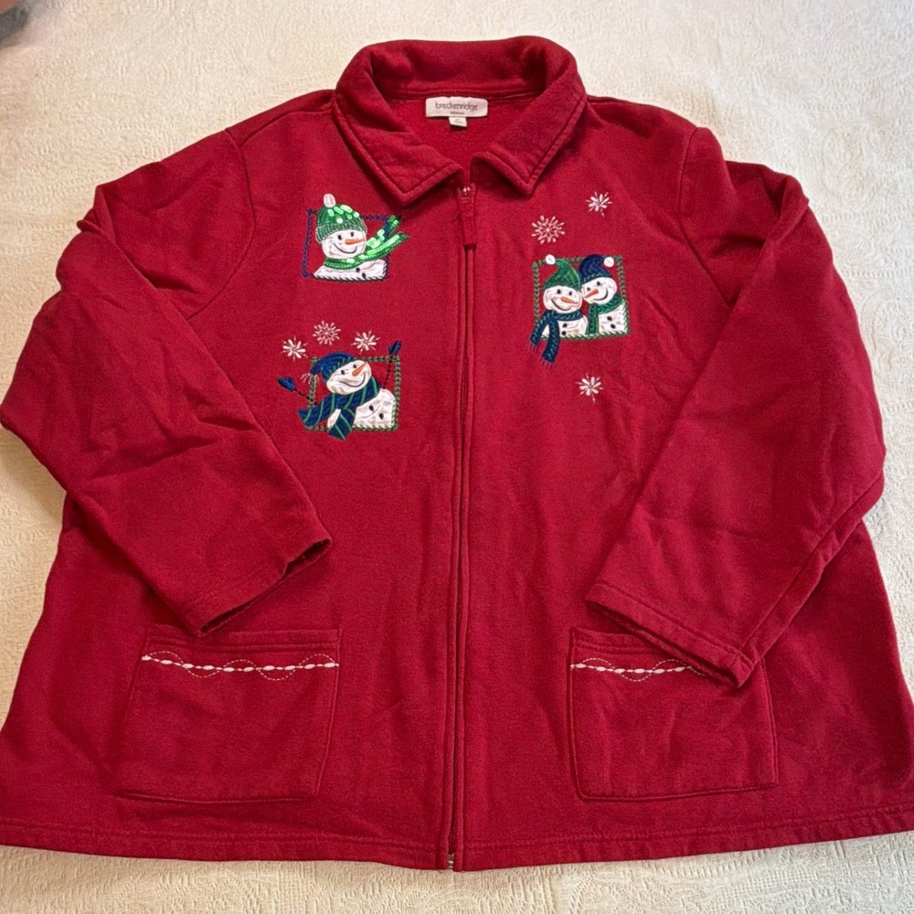 Breckenridge Women 3X Red Full Zip Fleece Jacket Snowman Embroidered Christmas